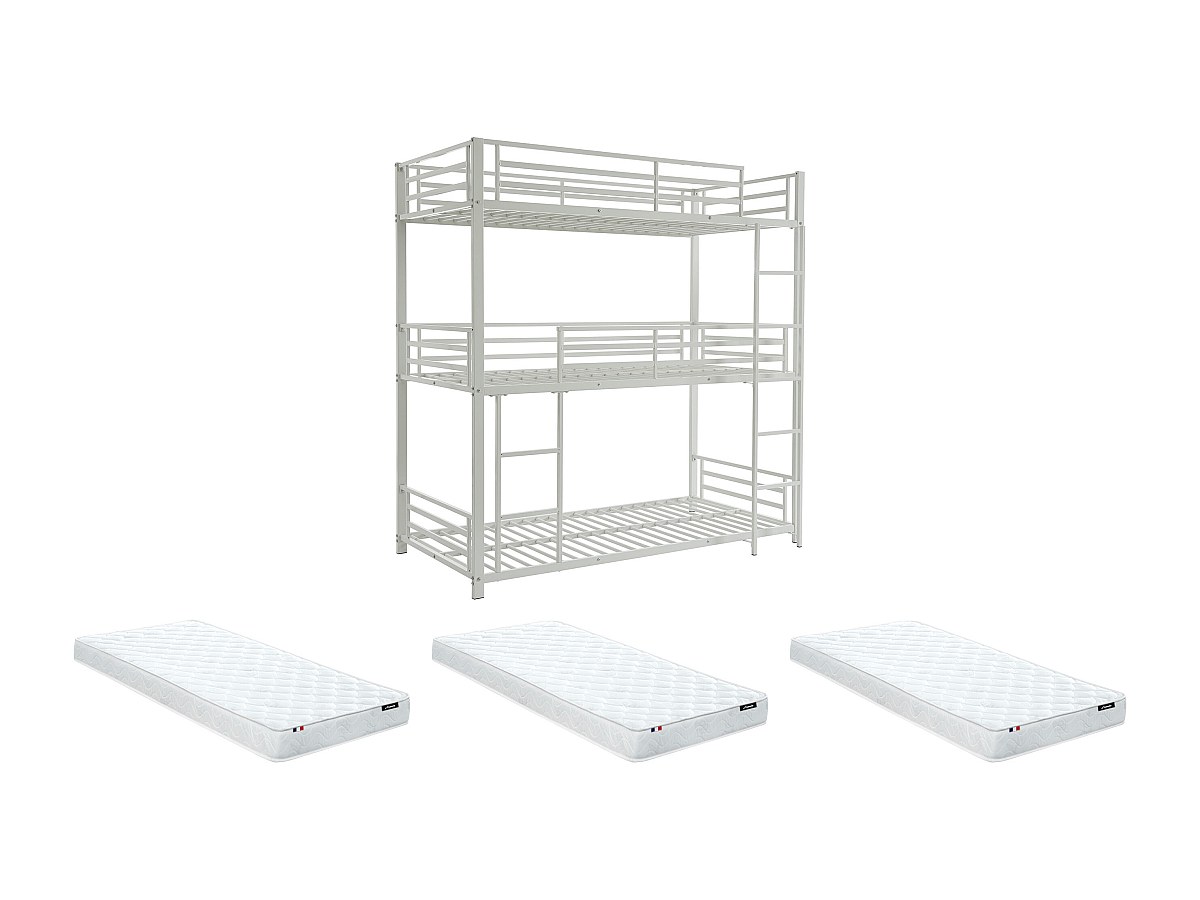 Etagenbett - 3 Personen - 3 x 90 x 190 cm - Metall - Weiß + Matratze - ELOU günstig online kaufen