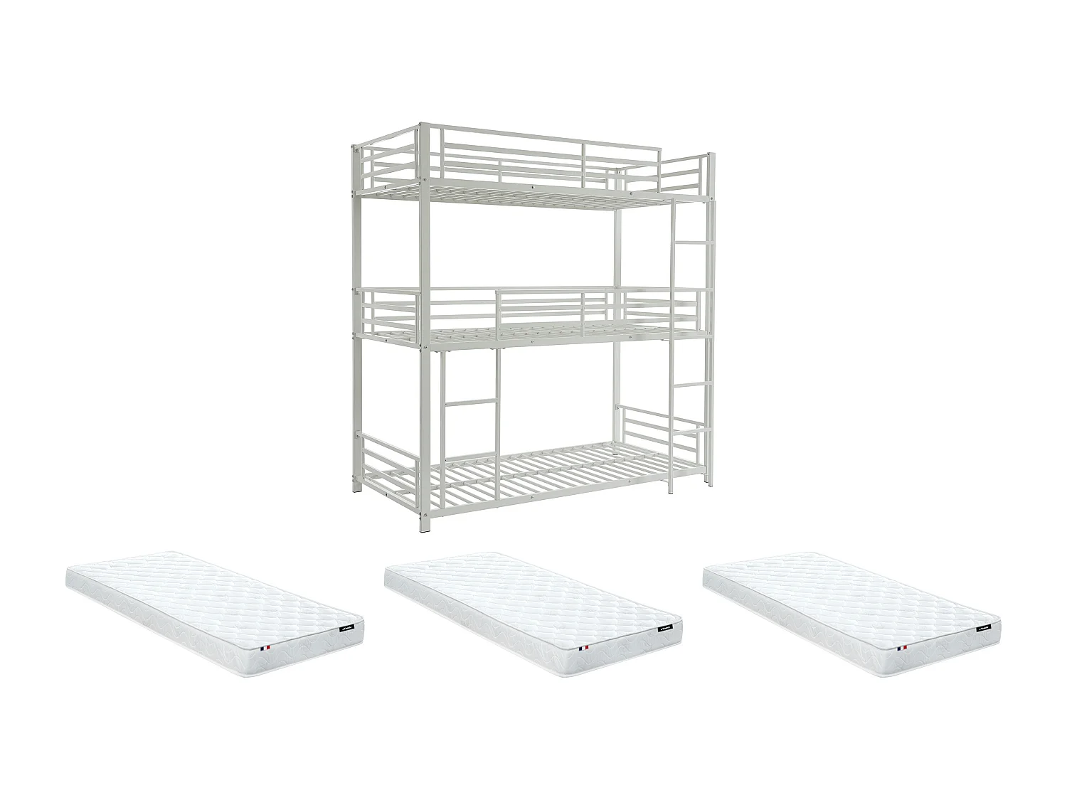 Beliche triplo 3 x 90 x 190 cm metal branco + colchão - ELOUAN III