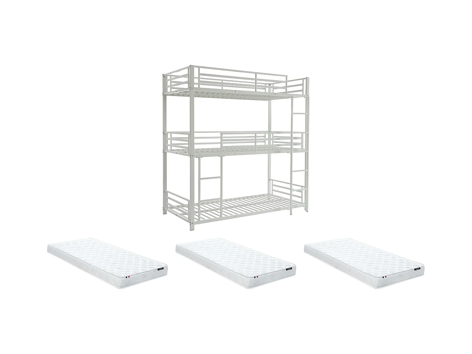Lits superposés triple 3 x 90 x 190 cm - Métal - Blanc + Matelas - ELOUAN III