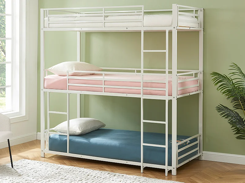 Lits superposés triple 3 x 90 x 190 cm - Métal - Blanc + Matelas - ELOUAN III