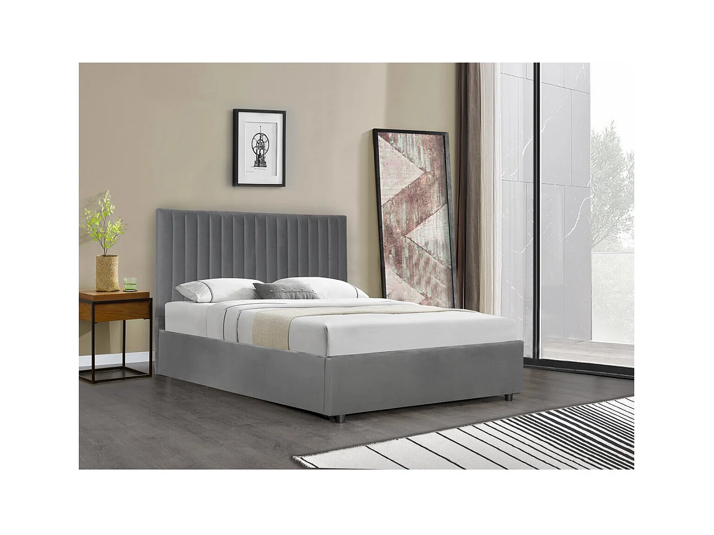 Bed met opbergruimte "Mia" in grijze fluweel - 140 x 190 cm