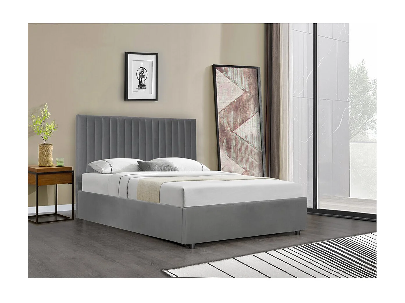 Bed met opbergruimte "Mia" in grijze fluweel - 140 x 190 cm