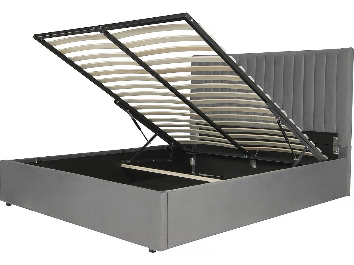 Cama com Armazenamento Estofada "Mia" - 140 x 190 cm - Veludo Cinza - Design Moderno