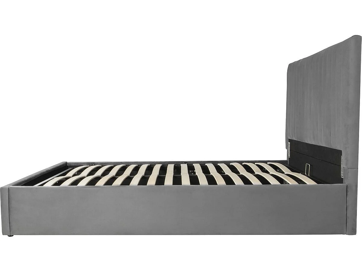 Cama com Armazenamento Estofada "Mia" - 140 x 190 cm - Veludo Cinza - Design Moderno