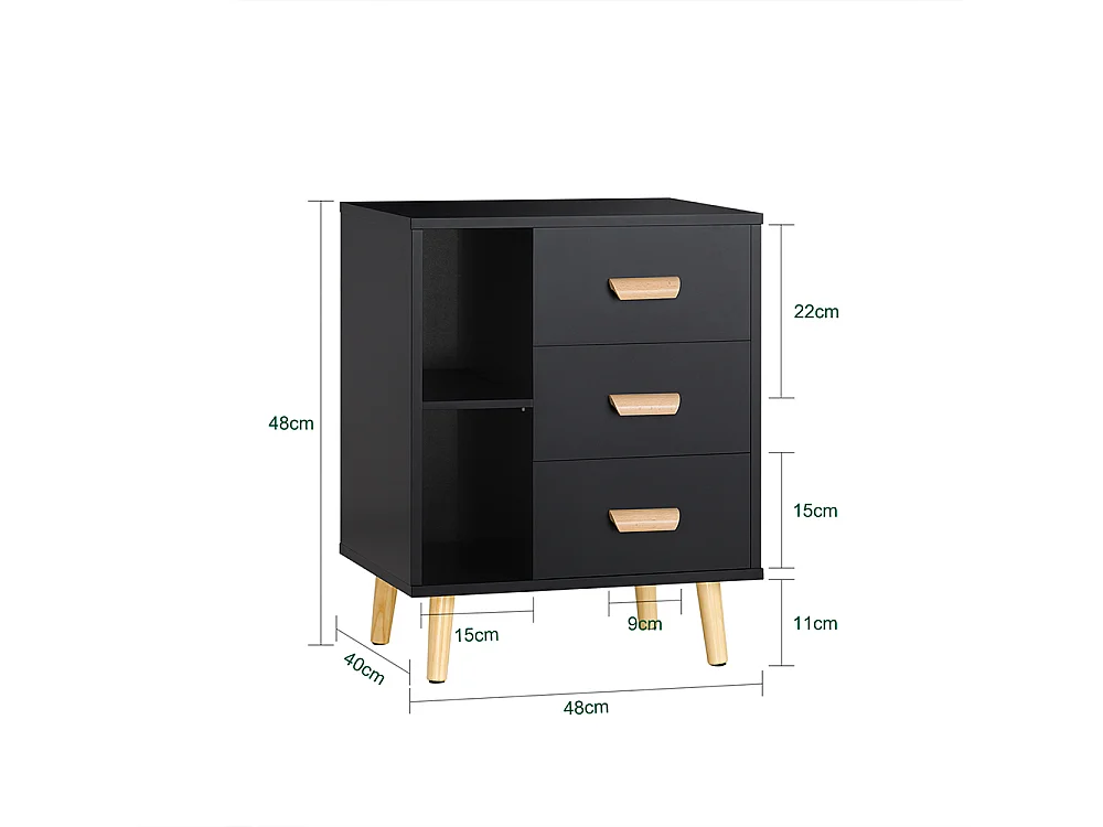 SoBuy Bijzettafel Bijzettafel Nachtkastje Nachtkastje met 3 Laden en 2 Opbergplanken - Zwart, 48x40x60 cm, FBT95-SCH