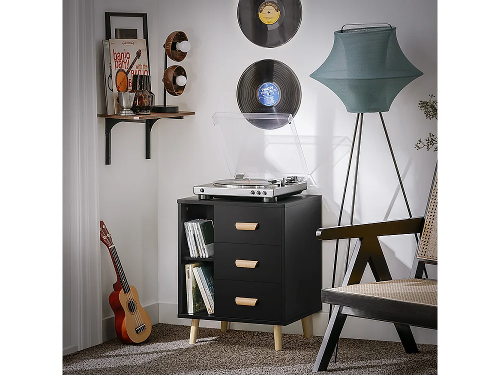 SoBuy Table d’Appoint Bout de Canapé Table de Chevet Table de Nuit avec 3 tiroirs et 2 étagères de Rangement - Noir, 48x40x60 cm, FBT95-SCH