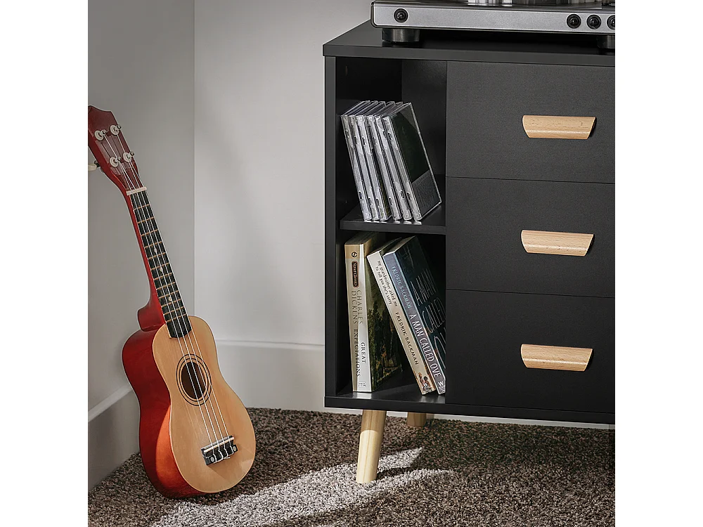 SoBuy Table d’Appoint Bout de Canapé Table de Chevet Table de Nuit avec 3 tiroirs et 2 étagères de Rangement - Noir, 48x40x60 cm, FBT95-SCH