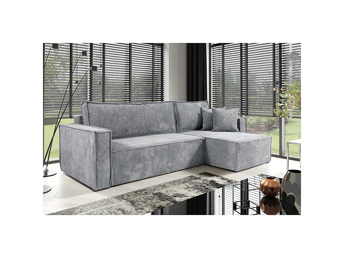 Canapé d'angle réversible convertible 3 places Ezekiel velours côtelé Gris Clair