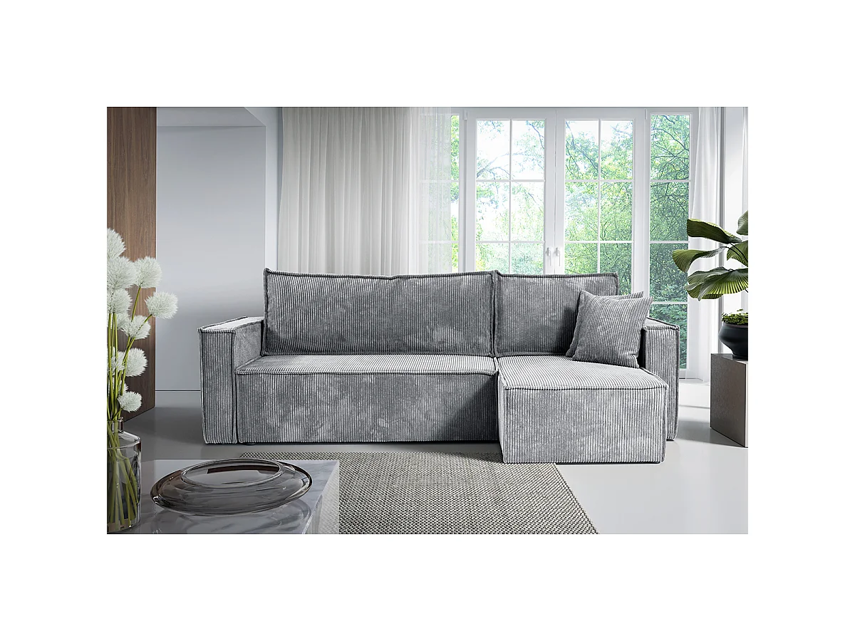 Canapé d'angle réversible convertible 3 places Ezekiel velours côtelé Gris Clair