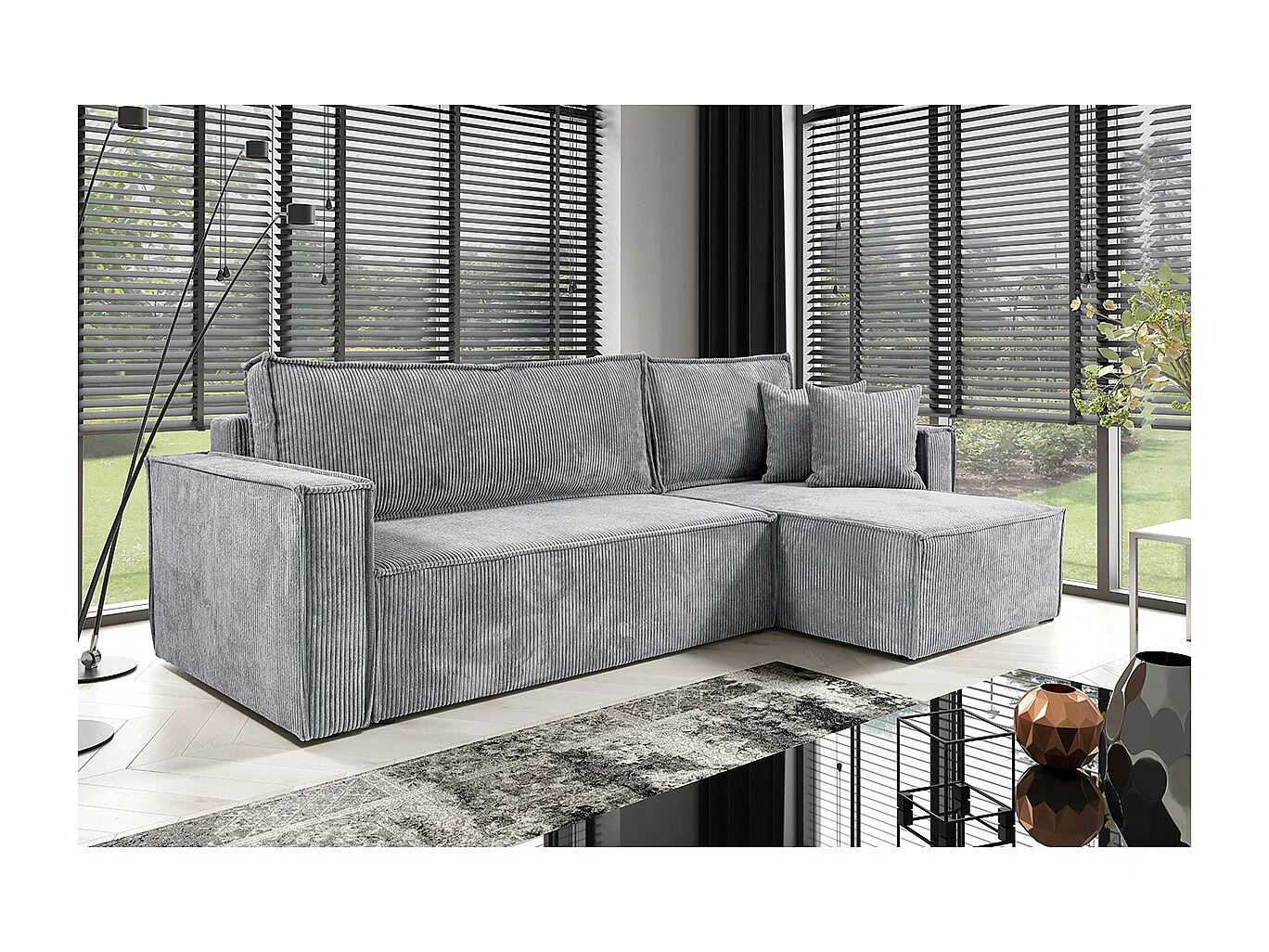 Canapé d'angle réversible convertible 3 places Ezekiel velours côtelé Gris Clair