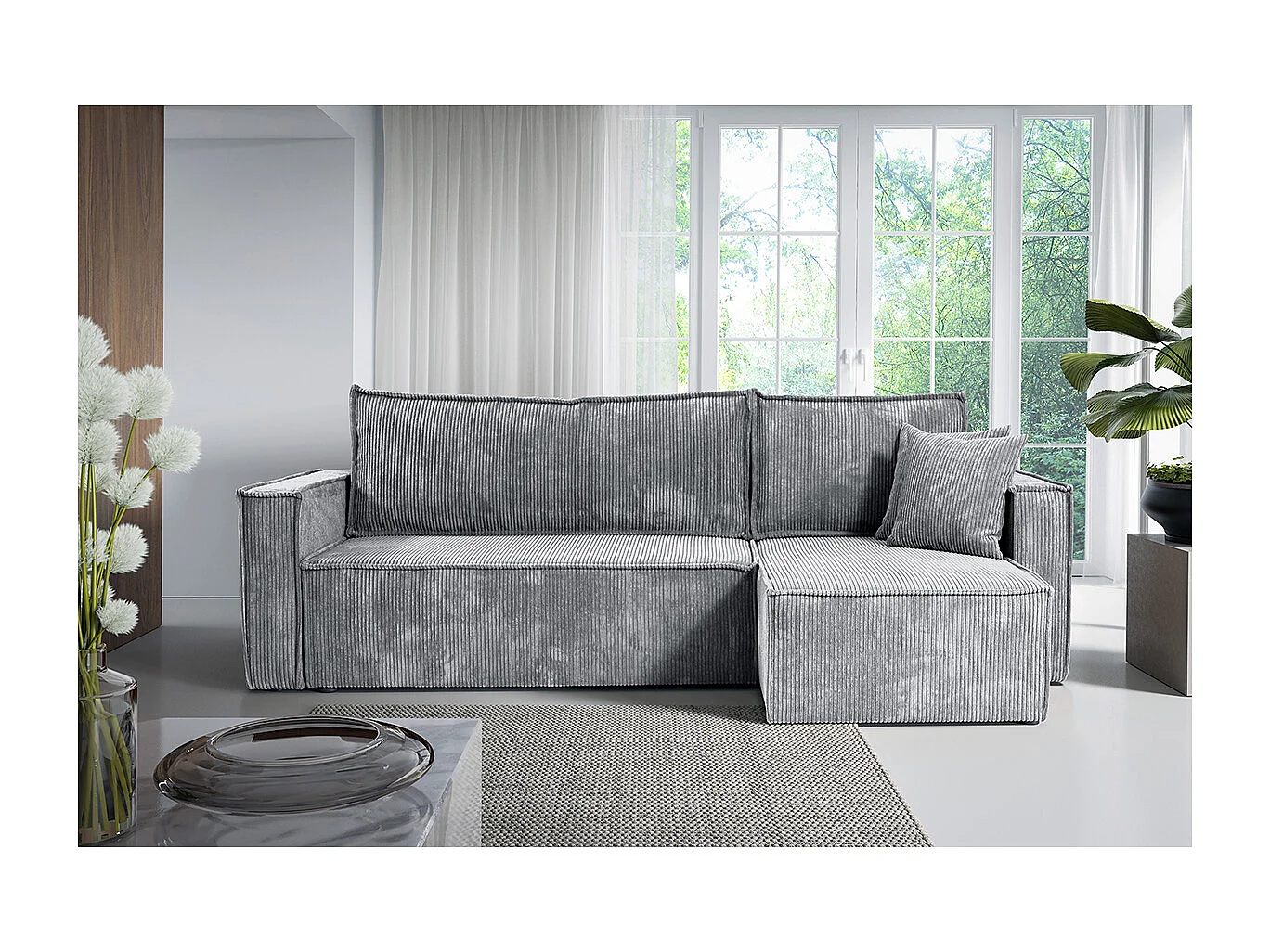 Canapé d'angle réversible convertible 3 places Ezekiel velours côtelé Gris Clair