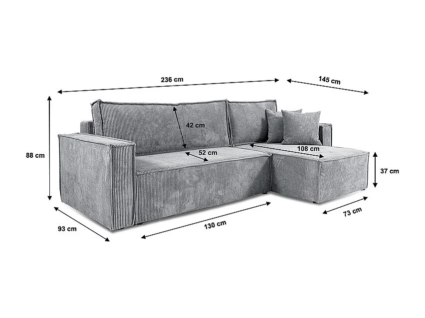 Canapé d'angle réversible convertible 3 places Ezekiel velours côtelé Gris Clair