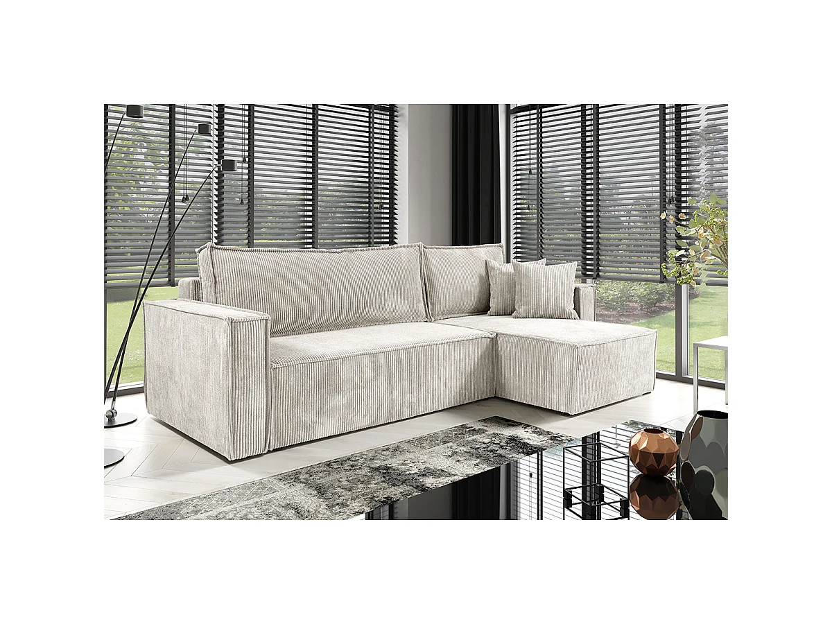 Canapé d'angle réversible convertible 3 places Ezekiel velours côtelé Blanc Cassé