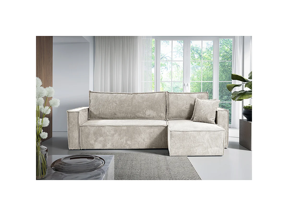 Canapé d'angle réversible convertible 3 places Ezekiel velours côtelé Blanc Cassé