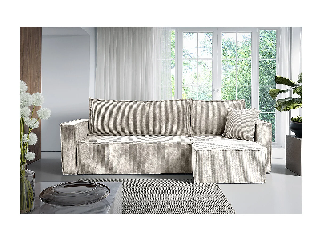 Canapé d'angle réversible convertible 3 places Ezekiel velours côtelé Blanc Cassé