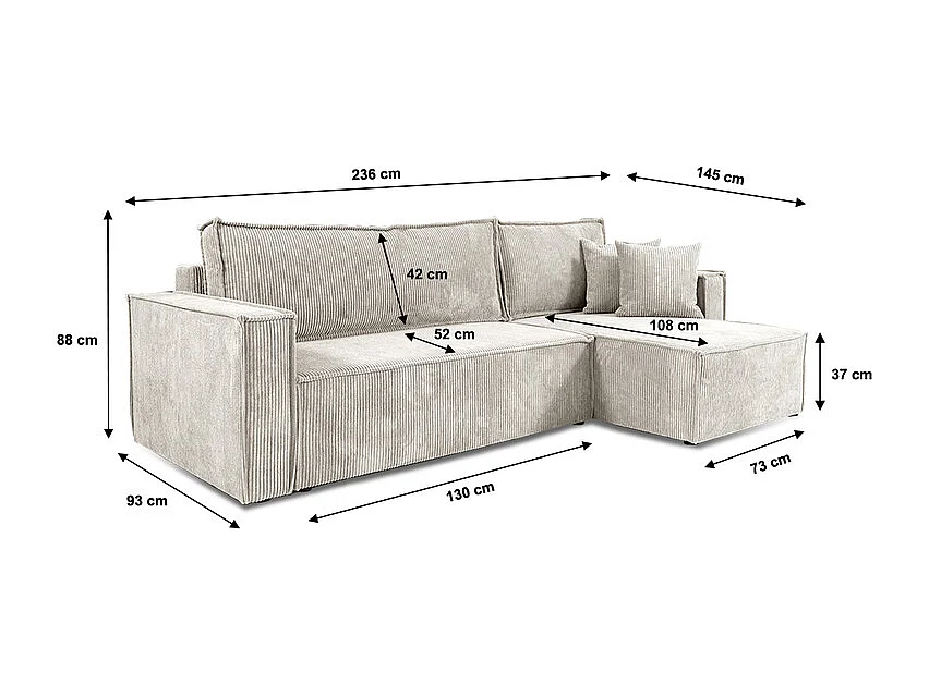 Canapé d'angle réversible convertible 3 places Ezekiel velours côtelé Blanc Cassé