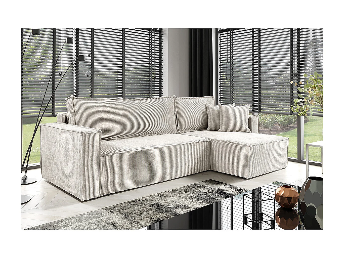 Canapé d'angle réversible convertible 3 places Ezekiel velours côtelé Blanc Cassé