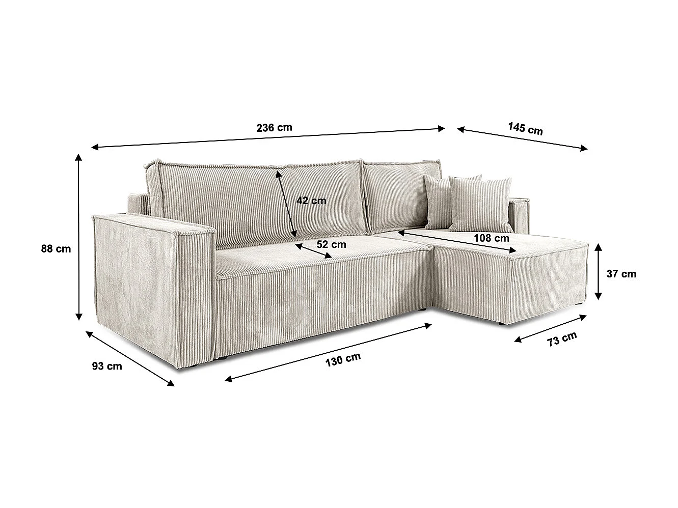 Canapé d'angle réversible convertible 3 places Ezekiel velours côtelé Blanc Cassé