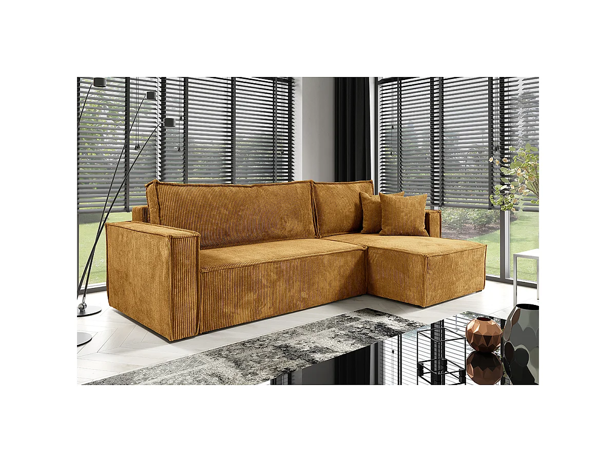 Canapé d'angle réversible convertible 3 places Ezekiel velours côtelé Jaune