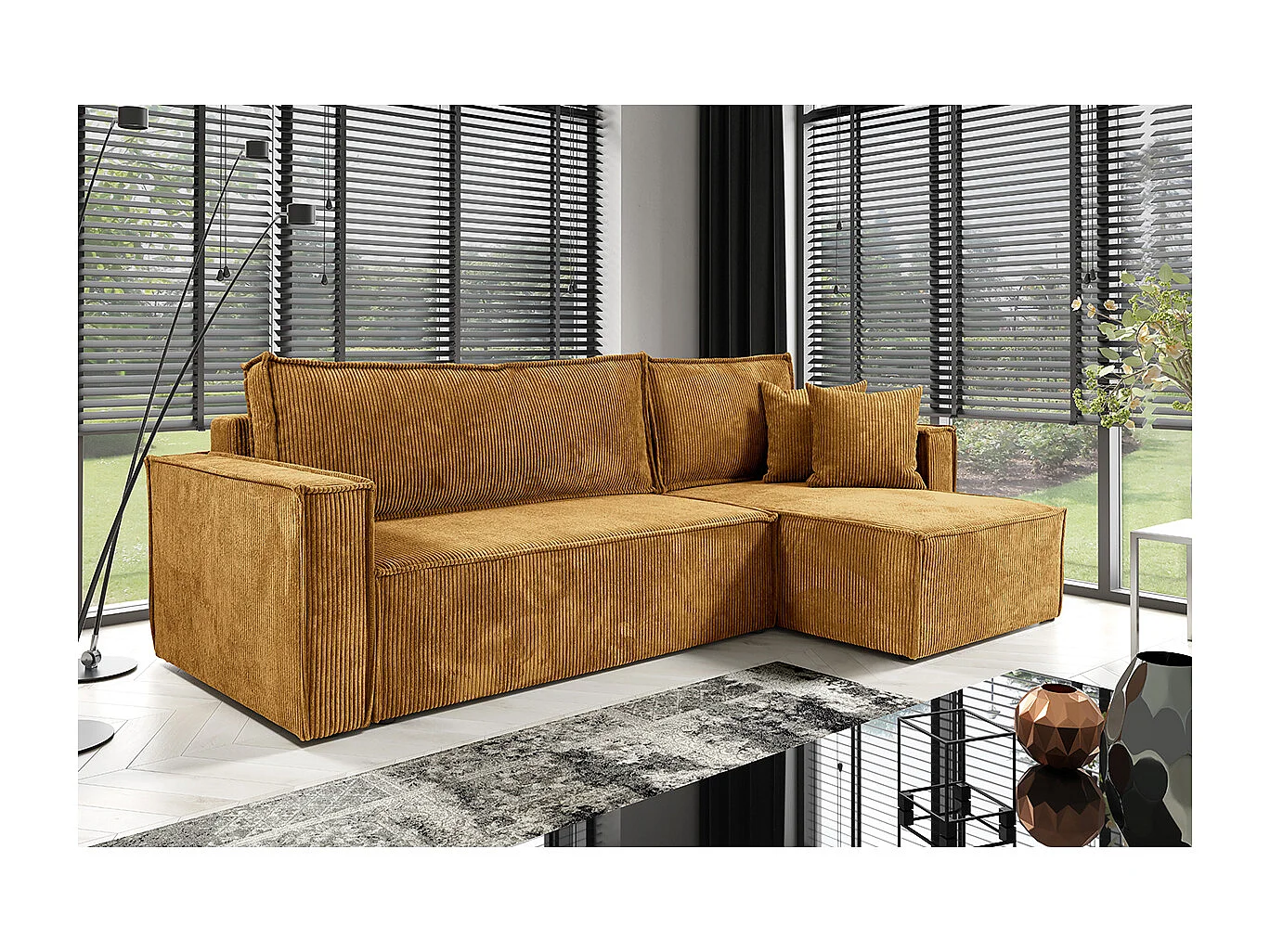 Canapé d'angle réversible convertible 3 places Ezekiel velours côtelé Jaune