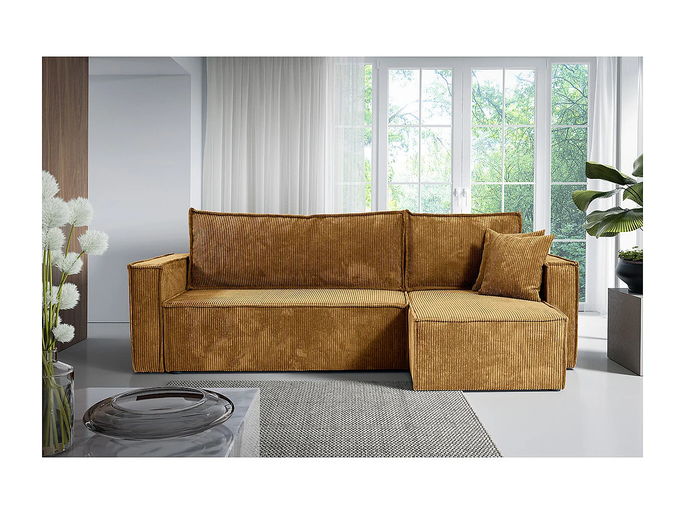 Canapé d'angle réversible convertible 3 places Ezekiel velours côtelé Jaune