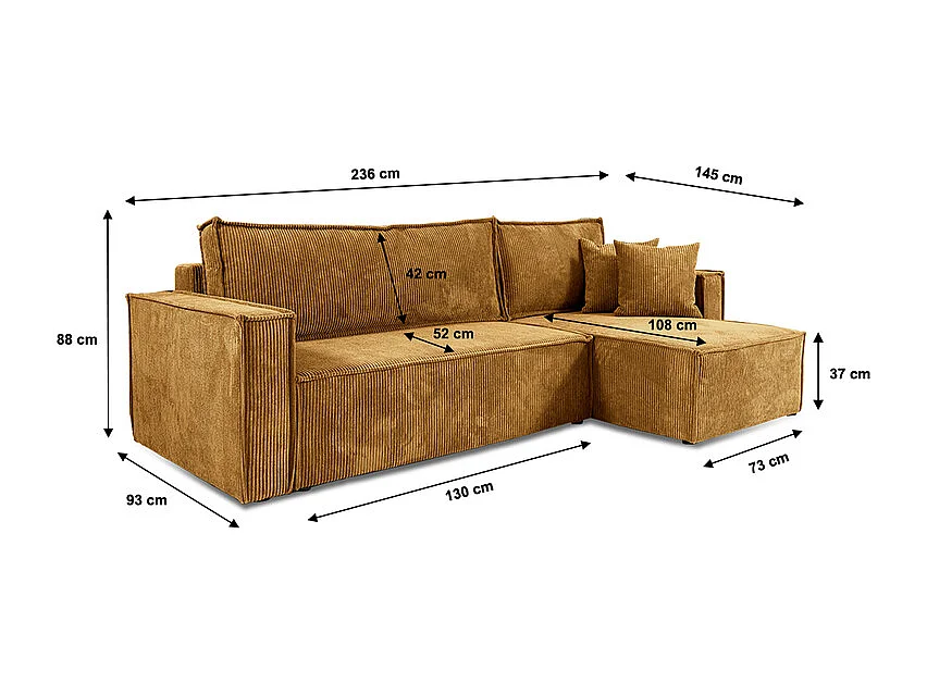 Canapé d'angle réversible convertible 3 places Ezekiel velours côtelé Jaune