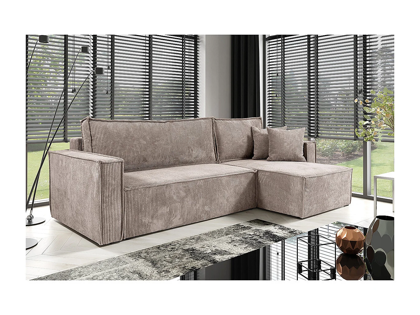 Canapé d'angle réversible convertible 3 places Ezekiel velours côtelé Taupe