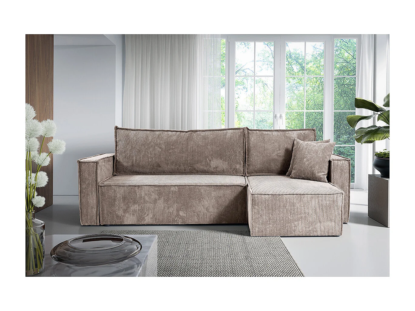 Canapé d'angle réversible convertible 3 places Ezekiel velours côtelé Taupe