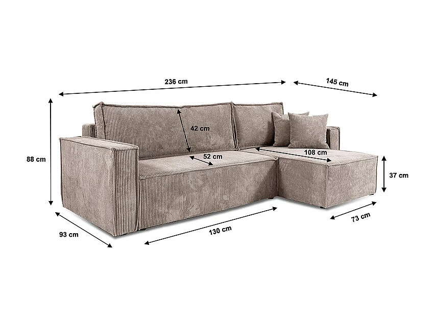 Canapé d'angle réversible convertible 3 places Ezekiel velours côtelé Taupe