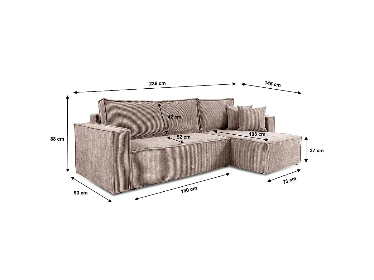 Canapé d'angle réversible convertible 3 places en velours taupe