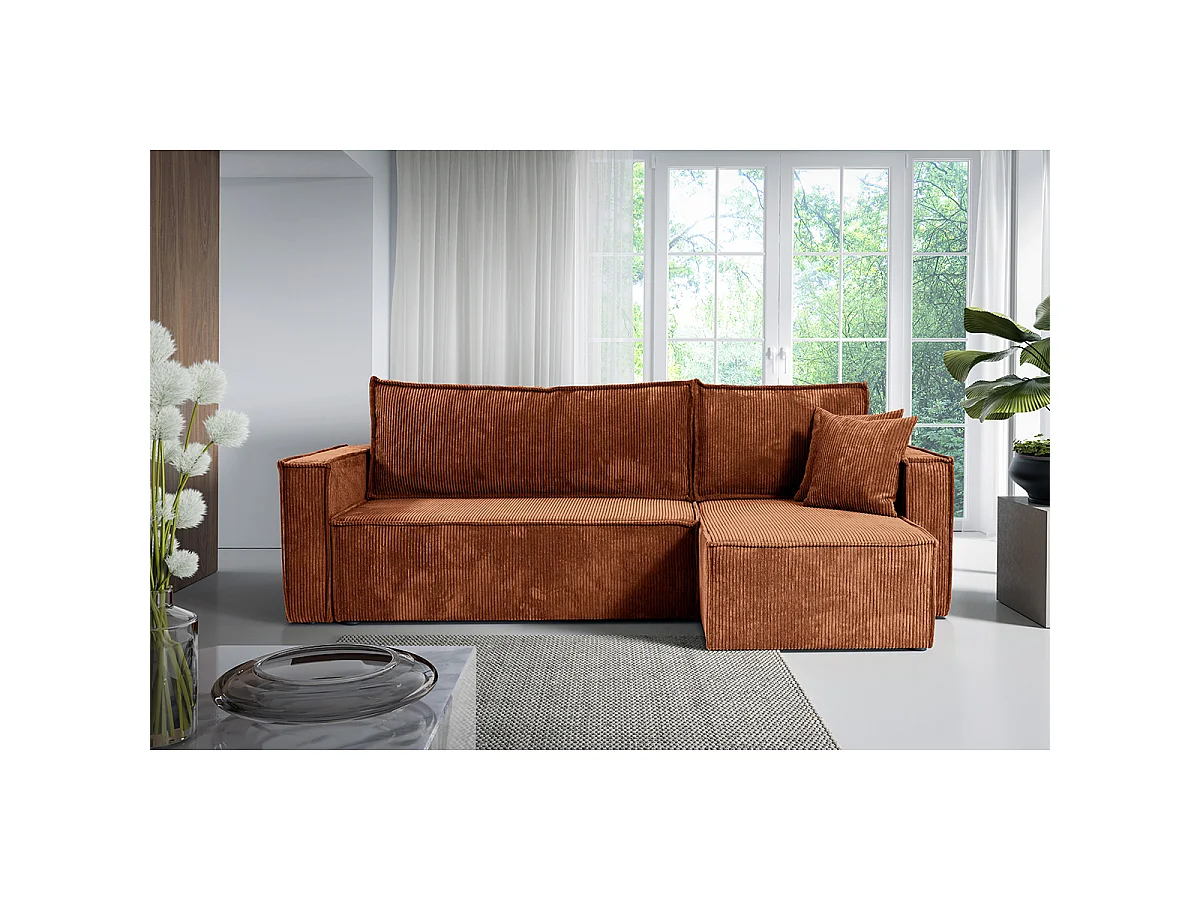 Canapé d'angle réversible convertible 3 places Ezekiel velours côtelé Terracotta