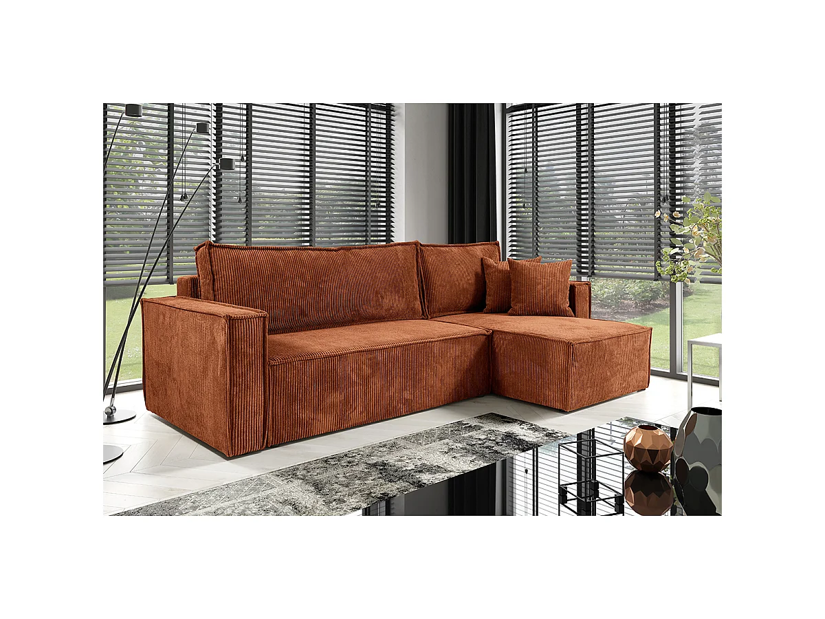 Canapé d'angle réversible convertible 3 places Ezekiel velours côtelé Terracotta