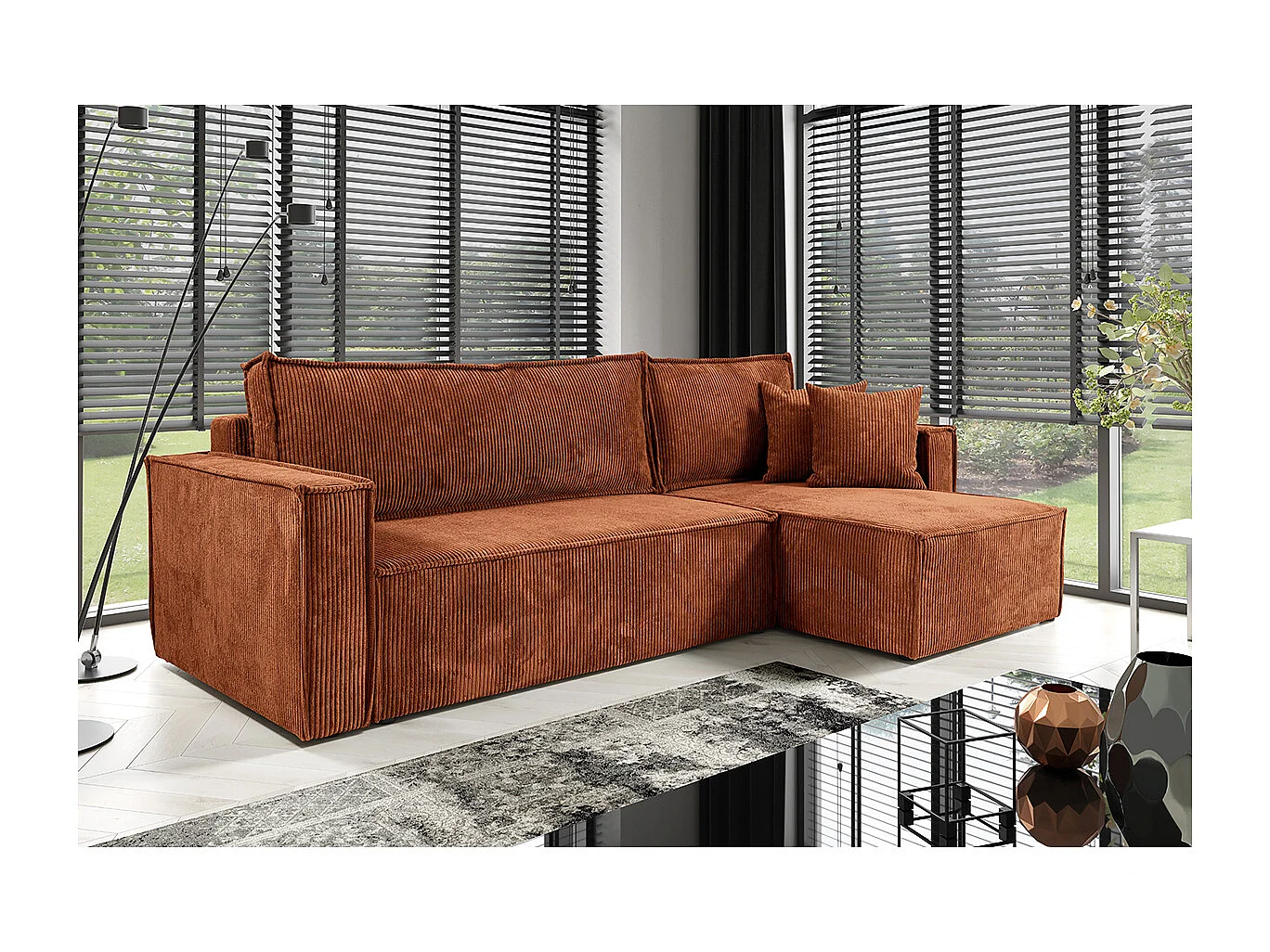 Canapé d'angle réversible convertible 3 places Ezekiel velours côtelé Terracotta