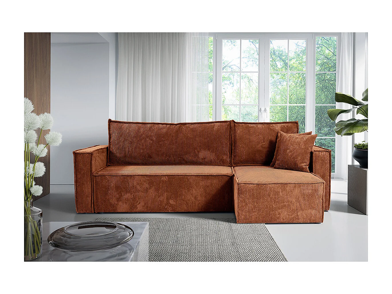 Canapé d'angle réversible convertible 3 places Ezekiel velours côtelé Terracotta