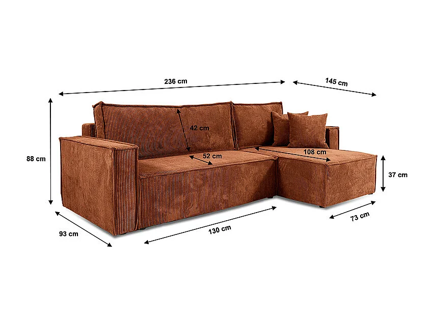 Canapé d'angle réversible convertible 3 places Ezekiel velours côtelé Terracotta