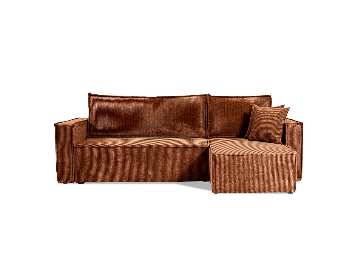 Canapé d'angle convertible 3 places en velours côtelé terracotta