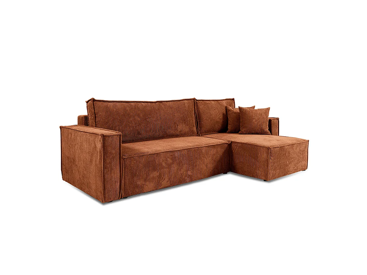 Canapé d'angle convertible 3 places en velours côtelé terracotta