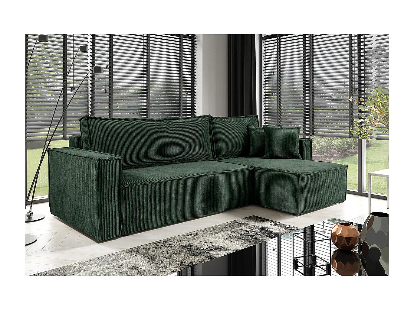 Canapé d'angle réversible convertible 3 places Ezekiel velours côtelé Vert Sapin