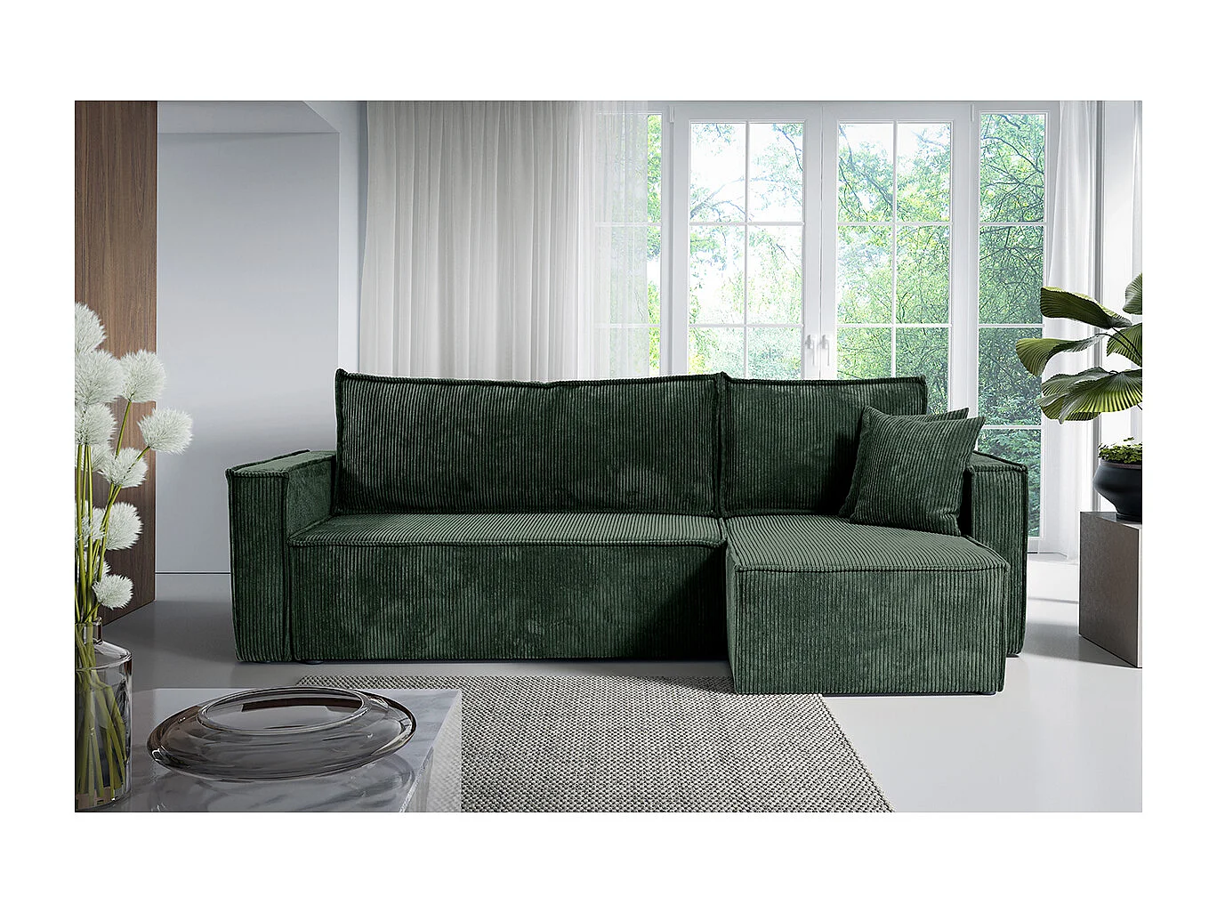 Canapé d'angle réversible convertible 3 places Ezekiel velours côtelé Vert Sapin