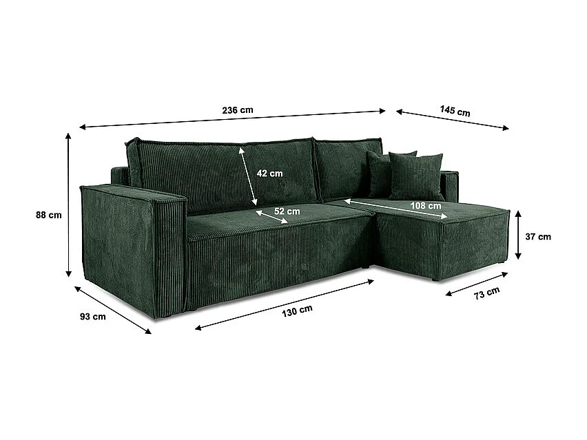 Canapé d'angle réversible convertible 3 places Ezekiel velours côtelé Vert Sapin