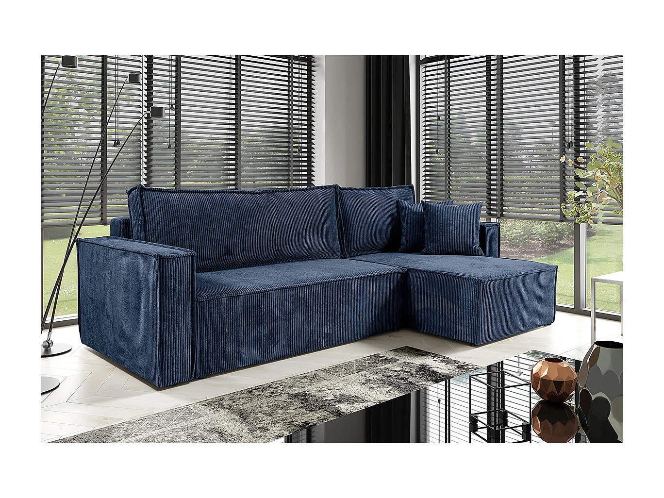 Canapé d'angle réversible convertible 3 places Ezekiel velours côtelé Bleu