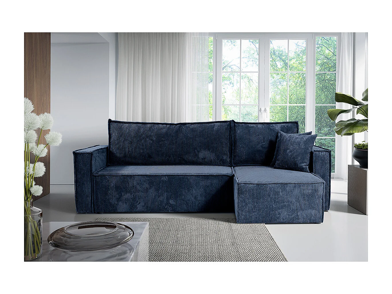 Canapé d'angle réversible convertible 3 places Ezekiel velours côtelé Bleu