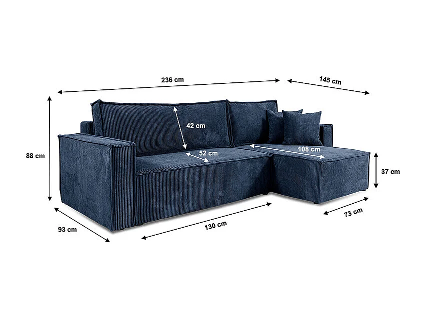 Canapé d'angle réversible convertible 3 places Ezekiel velours côtelé Bleu