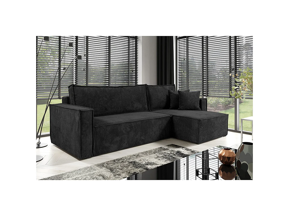 Canapé d'angle réversible convertible 3 places Ezekiel velours côtelé Noir