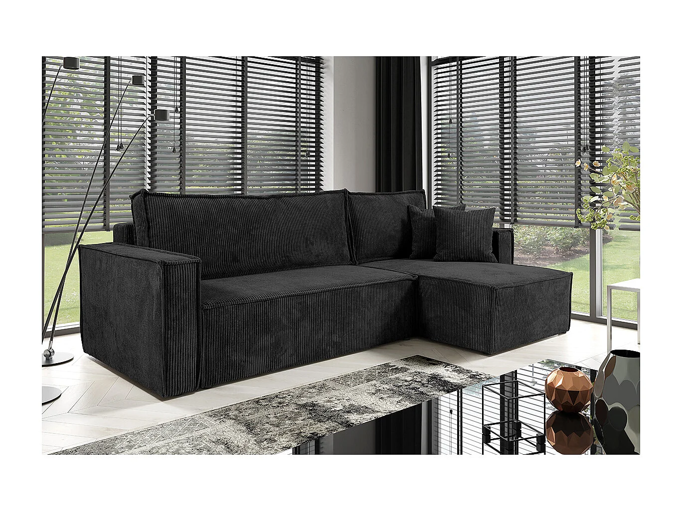 Canapé d'angle réversible convertible 3 places Ezekiel velours côtelé Noir