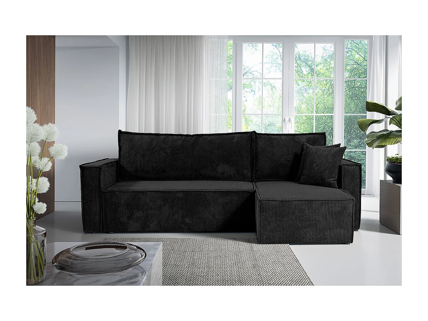 Canapé d'angle réversible convertible 3 places Ezekiel velours côtelé Noir