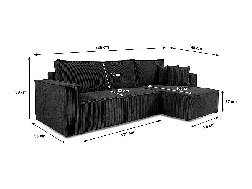 Canapé d'angle réversible convertible 3 places Ezekiel velours côtelé Noir