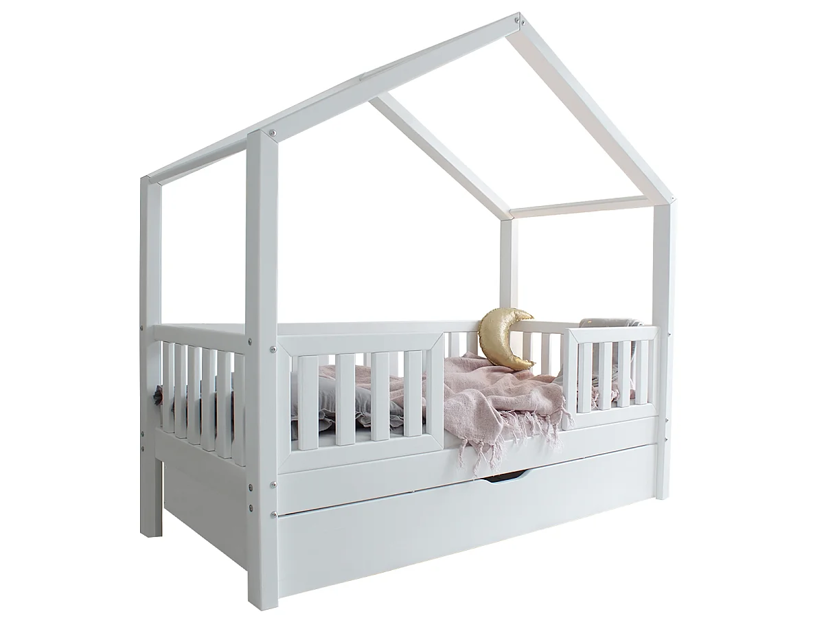 Lit cabane 90x190 barrières sommier et tiroir inclus Roxane Blanc