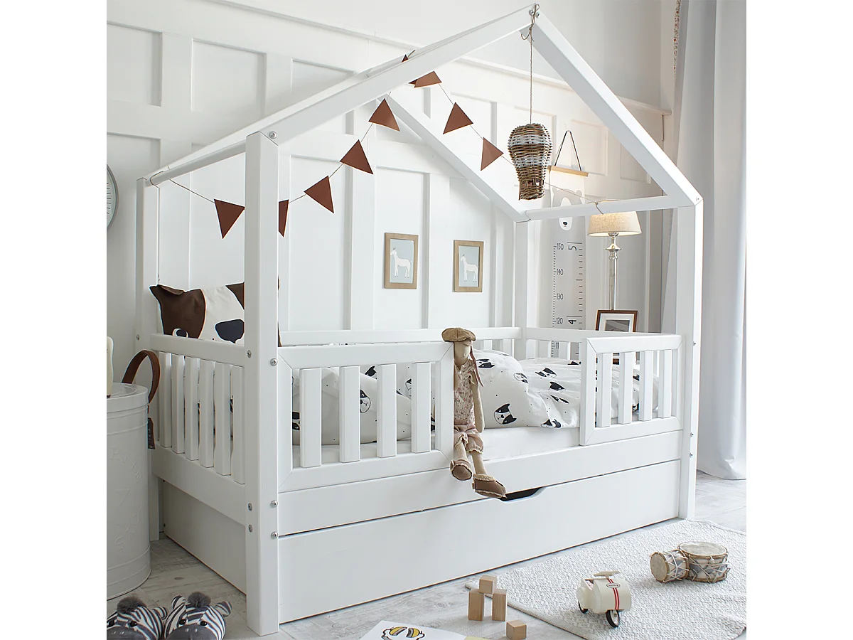 Lit cabane 90x190 barrières sommier et tiroir inclus Roxane Blanc