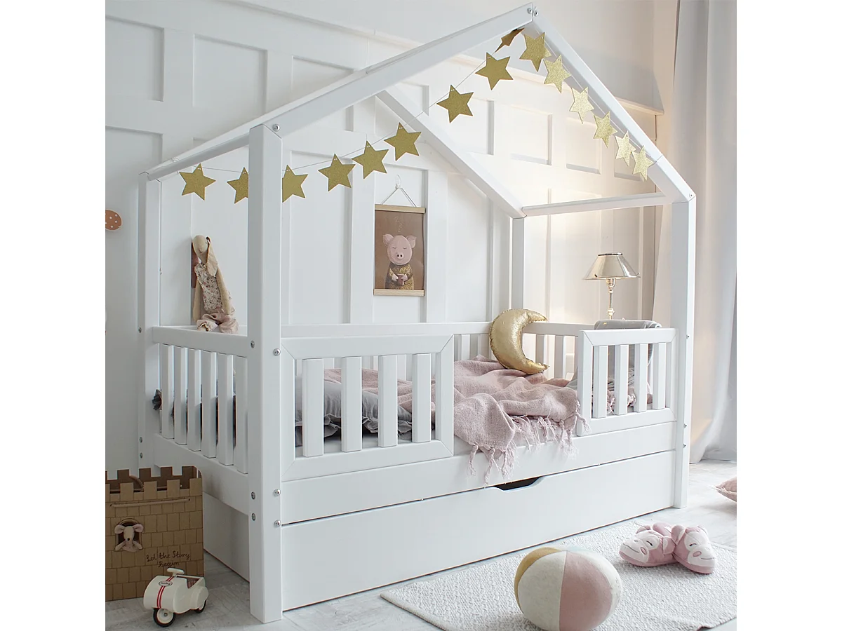 Lit cabane 90x190 barrières sommier et tiroir inclus Roxane Blanc